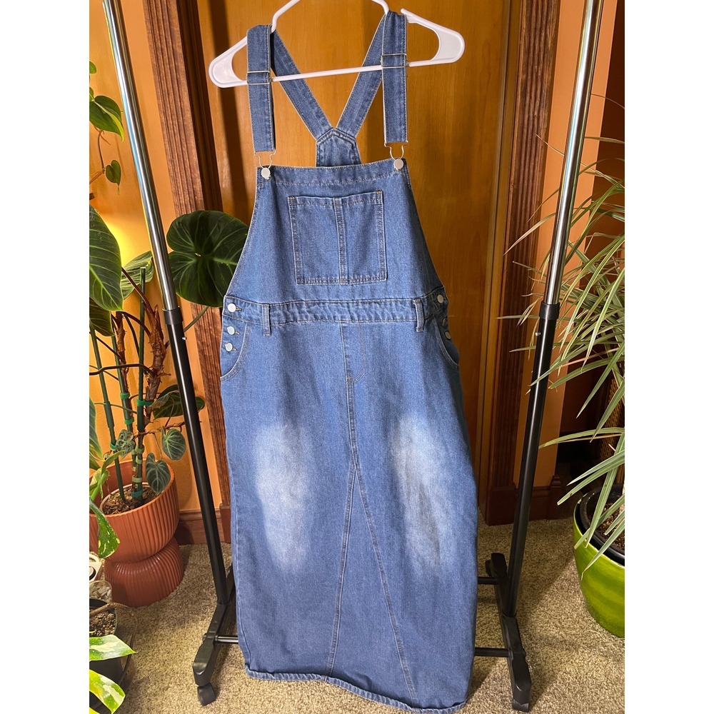 Plus Size 2XL Denim Overall Maxi Dress Cottagecore 90s Twee Pinafore Medium Wash